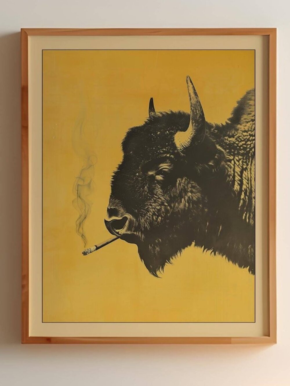 Bison Smoking Poster, Funny Buffalo Vintage Art, Retro Whimsical Print